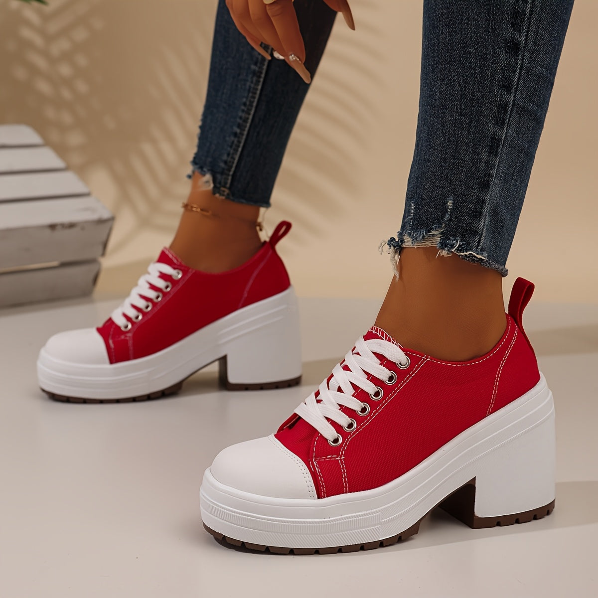 Women's Chunky Platform Shoes White Orange Colorblock Non-Slip PU All-Season