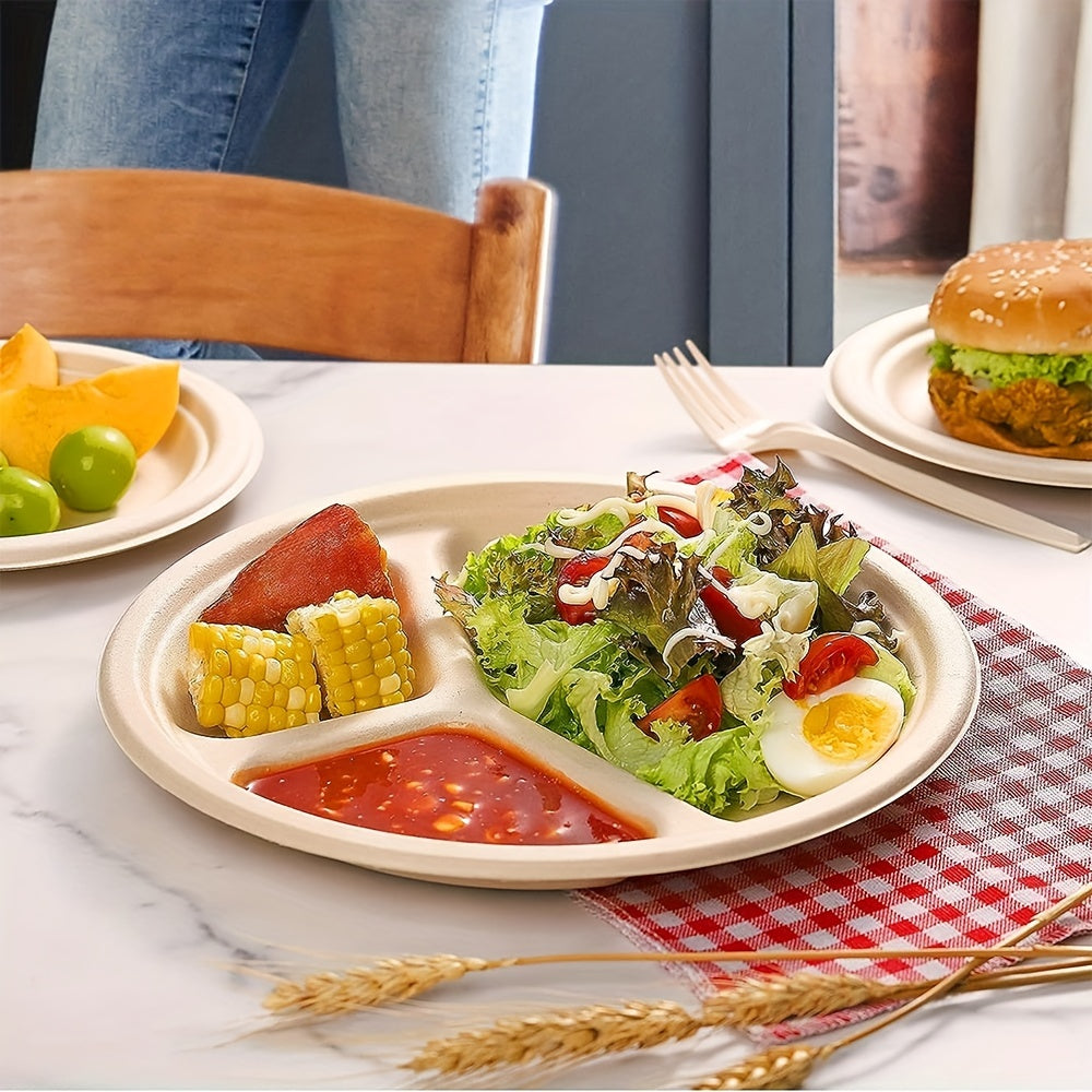 Set of 50 Biodegradable Disposable Paper Plates 9/10 Inch 3 Compartments for Parties