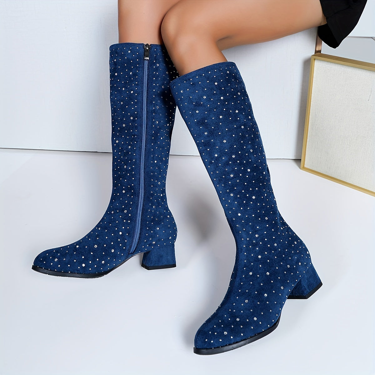 Women's Mid-Calf Rhinestone Boots with Zippered Low Block Heel Black