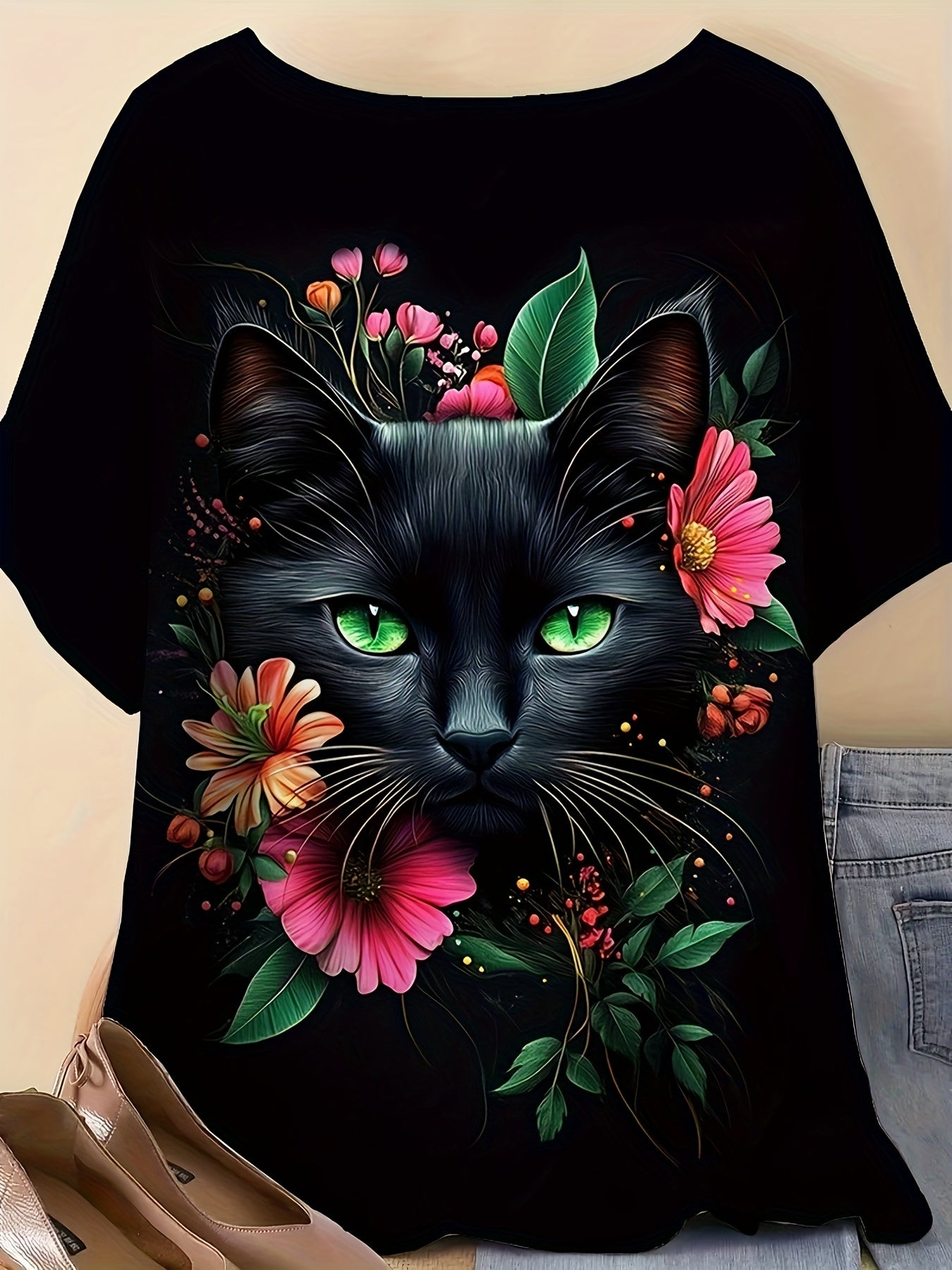 Plus Size Women's Floral Cat Print Short Sleeve T-Shirt Summer Casual Top