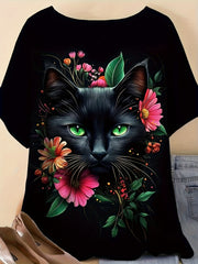 Plus Size Women's Floral Cat Print Short Sleeve T-Shirt Summer Casual Top