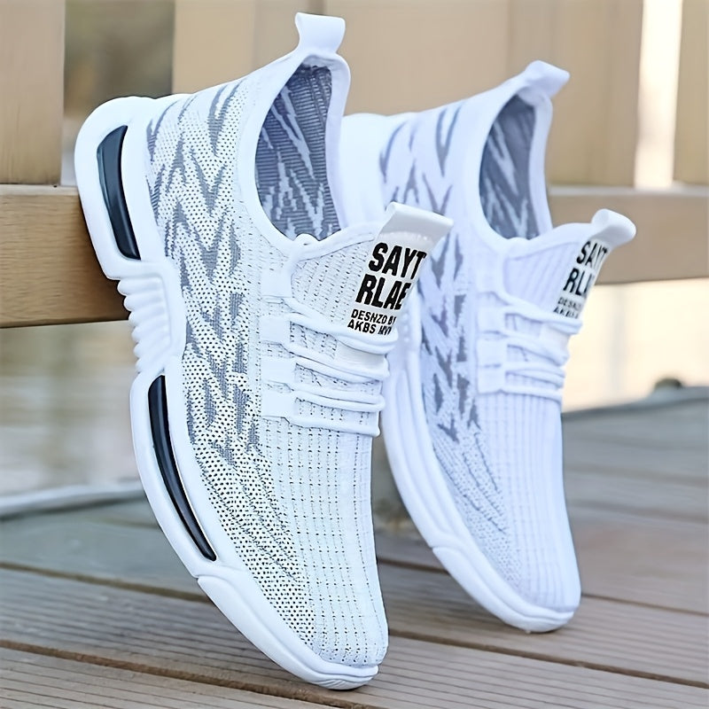 Men's White Athletic Sneakers Breathable Rubber Sole Cushioned Woven Pattern All-Season