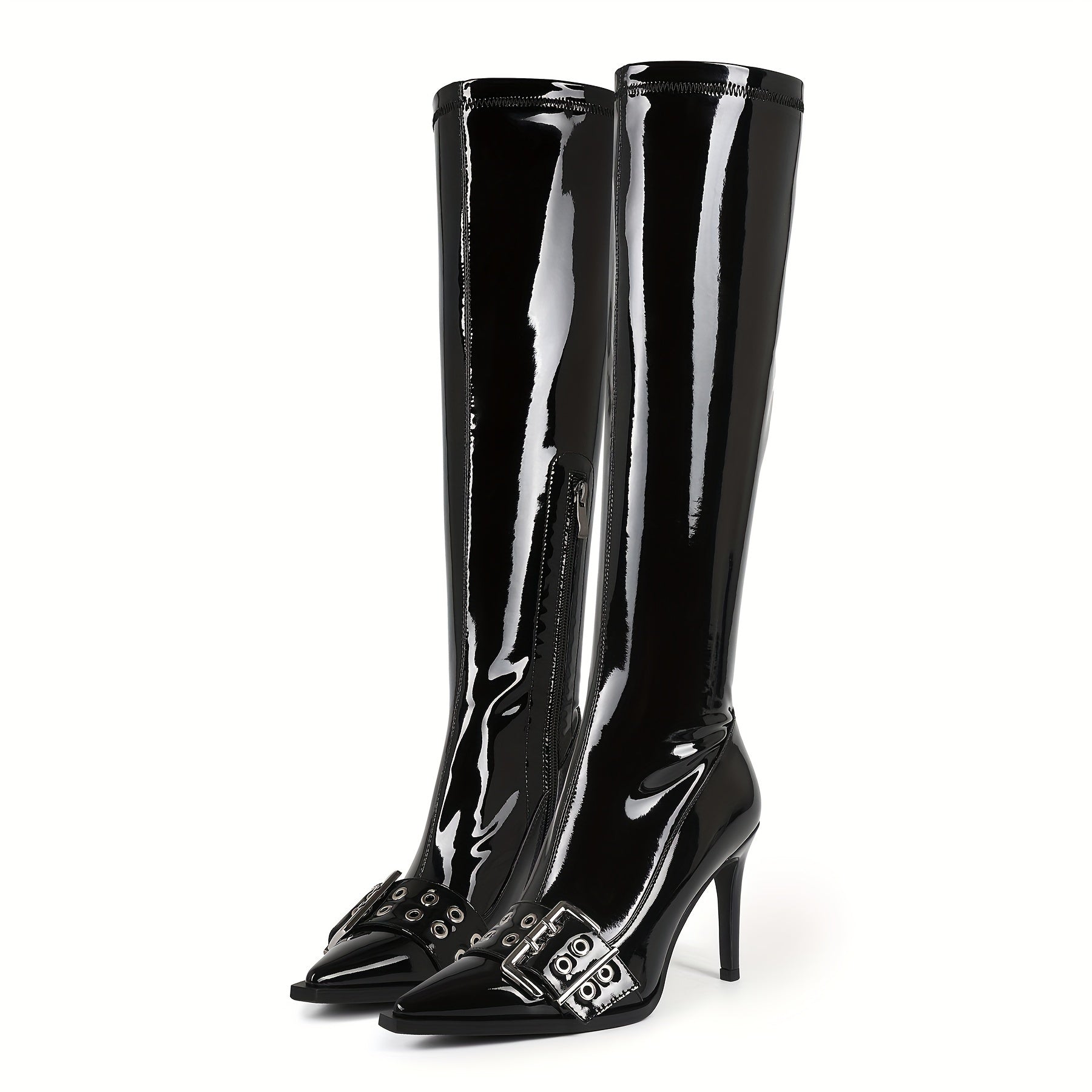 Women's Knee-High Patent Leather Stiletto Boots with Zipper and Buckle