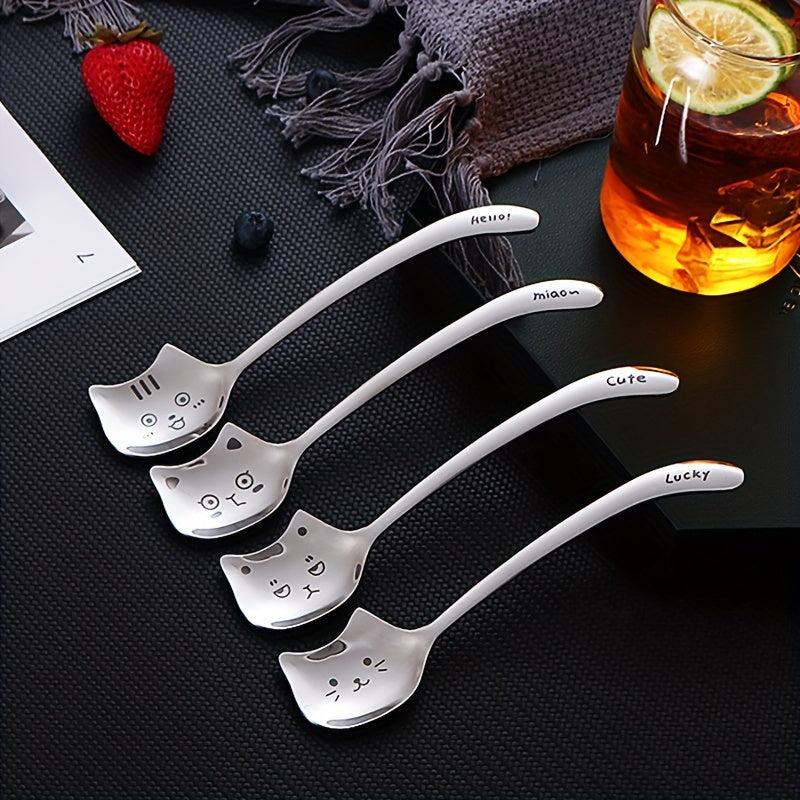 Set of 4 Long-Tail Cat Dessert Spoons Stainless Steel