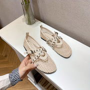 Women's Summer Mary Jane Flats Mesh Cross-Strap Solid Color Round Toe