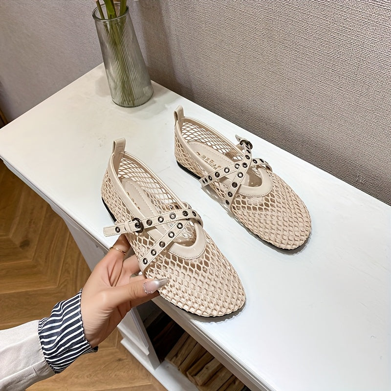 Women's Summer Mary Jane Flats Mesh Cross-Strap Solid Color Round Toe