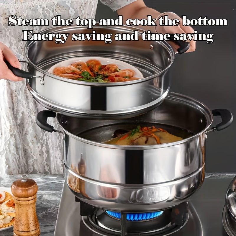 Stainless Steel 3-Tier Steamer Set for Vegetables Fish Bread Compatible with Induction Gas Stoves