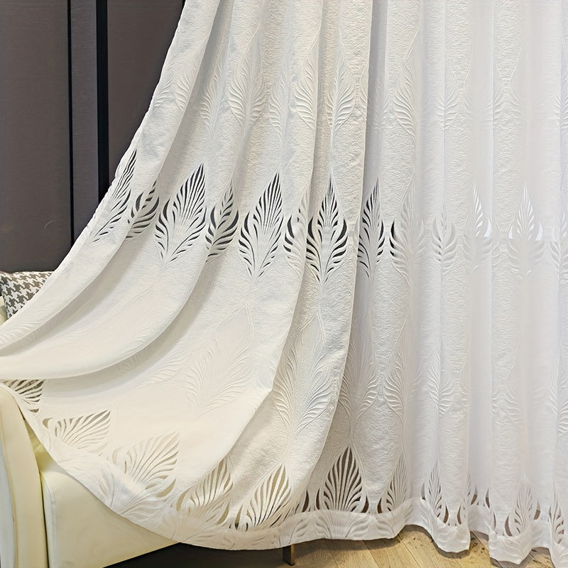 White Sheer Curtain with Feather Leaf Jacquard Grommet Top for Living Room Bedroom
