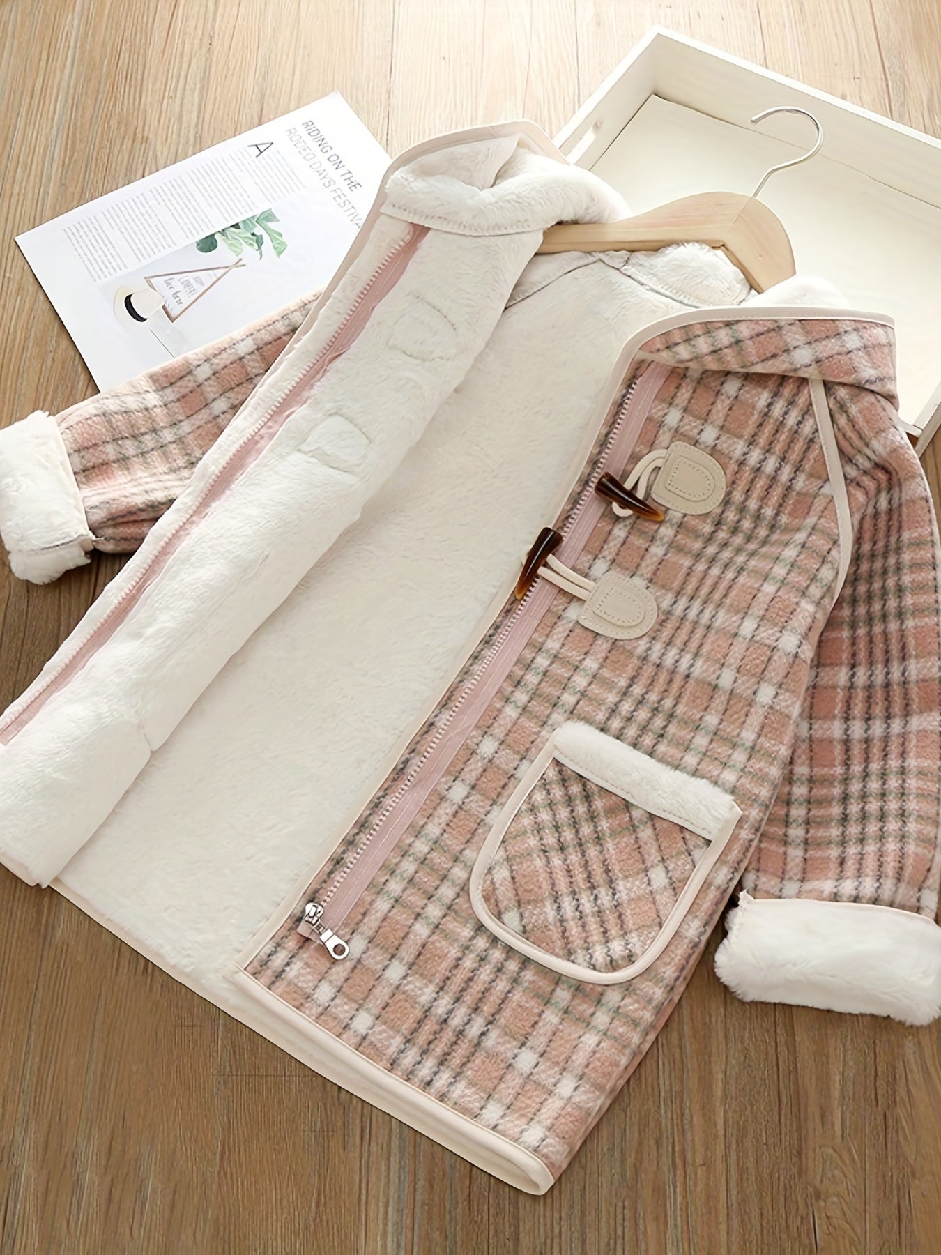 Girls' Winter Fleece Plaid Overcoat with Hood and Pockets for Kids
