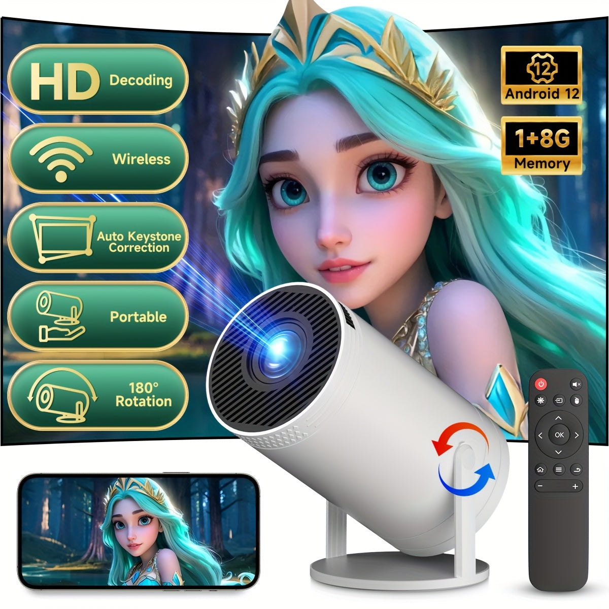 Proyector portátil inalámbrico 4K con Android 12 y WiFi6