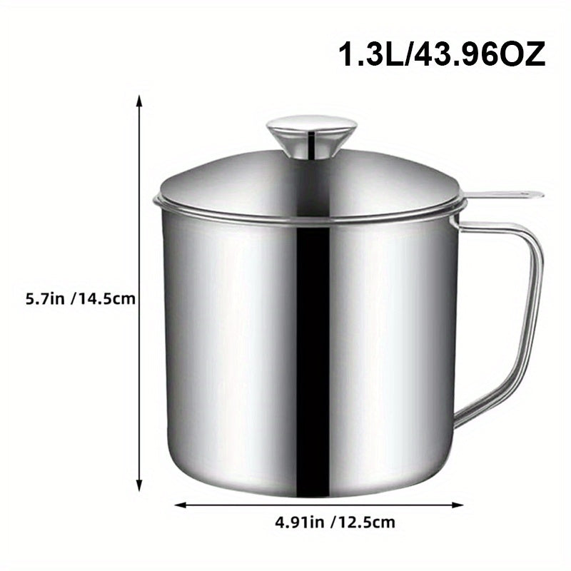 Stainless Steel Oil Storage Container with Strainer 43.96oz Kitchen Filtration Pot