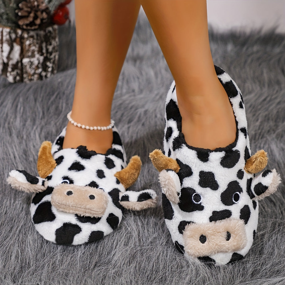 Женские мягкие плюшевые тапочки в виде коровы, теплые зимние нескользящие домашние тапочки с животным дизайном