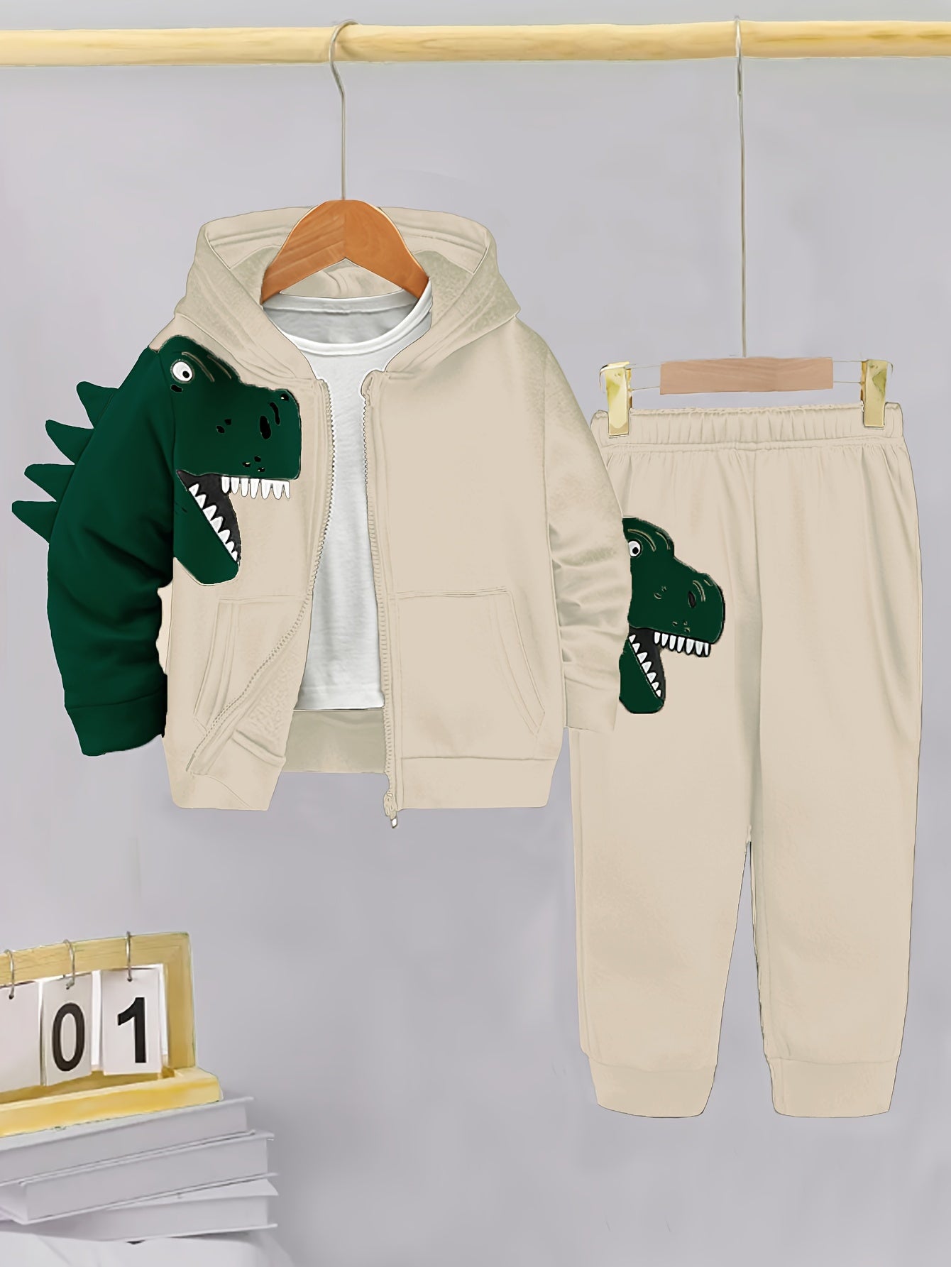 Toddler Boy Fleece-Lined Dinosaur Hoodie and Pants Set Fall Winter Cozy Machine Washable