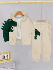 Toddler Boy Fleece-Lined Dinosaur Hoodie and Pants Set Fall Winter Cozy Machine Washable