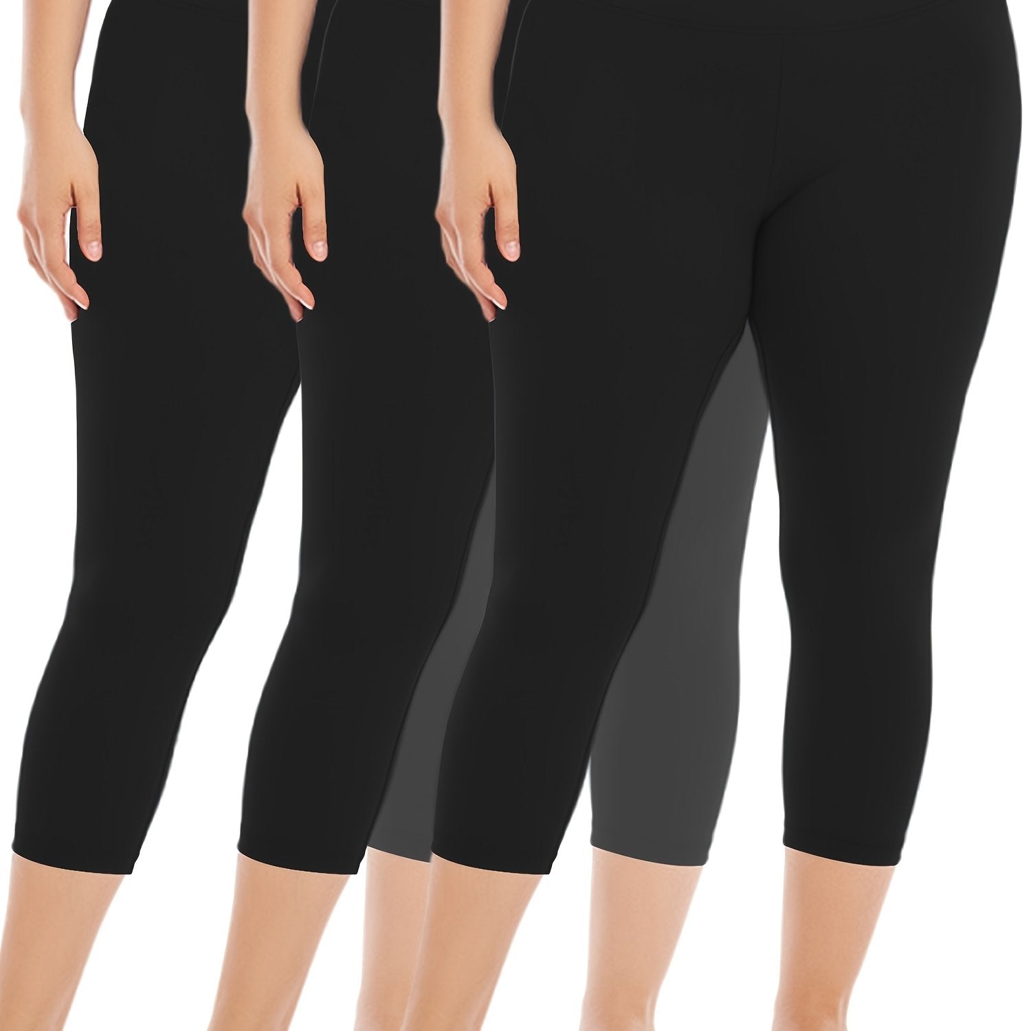 Plus Size High-Waist Capri Leggings Stretch Polyester Elastane Solid Color 3 Pack