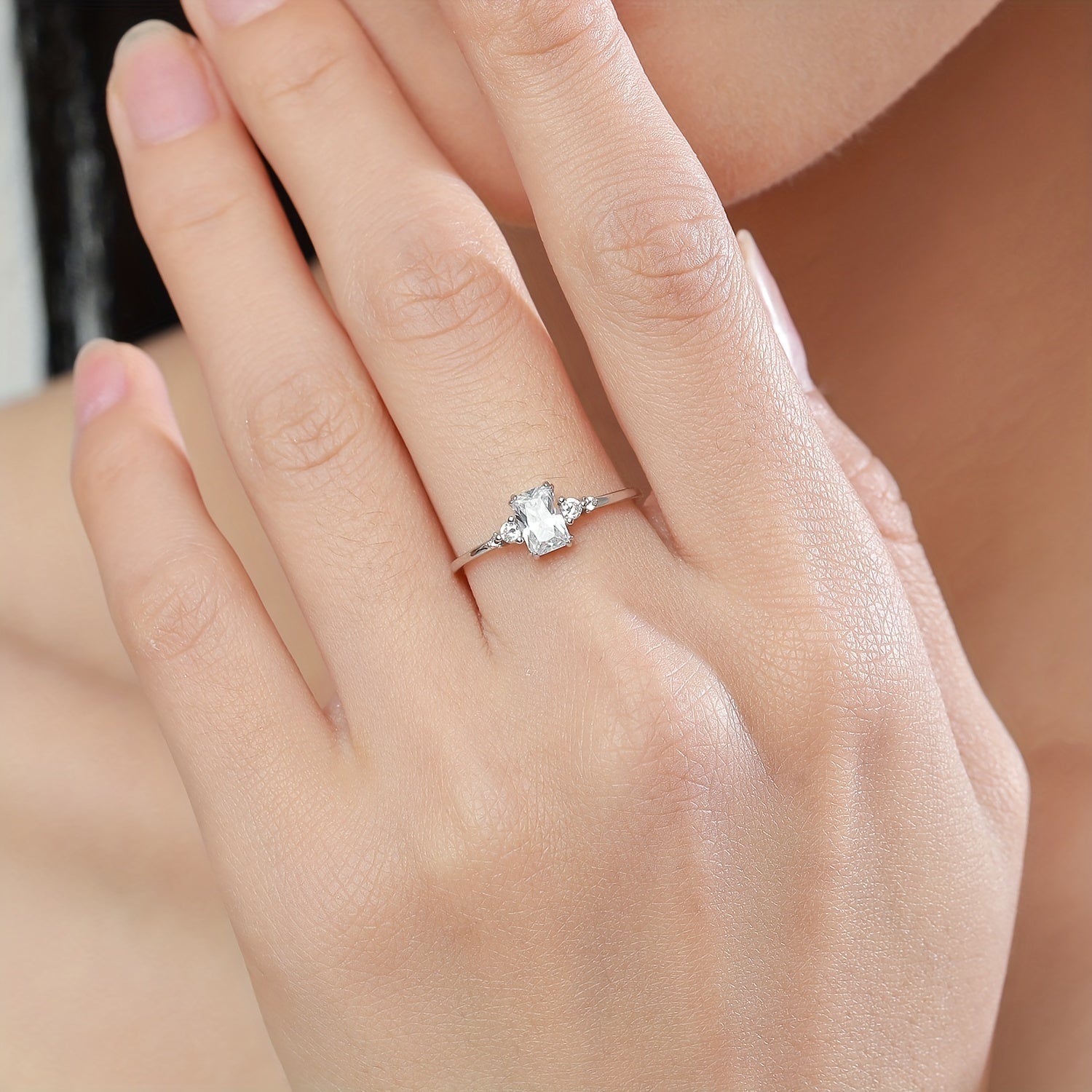 Sterling Silver Rectangle Zirconia Ring for Women Wedding Jewelry