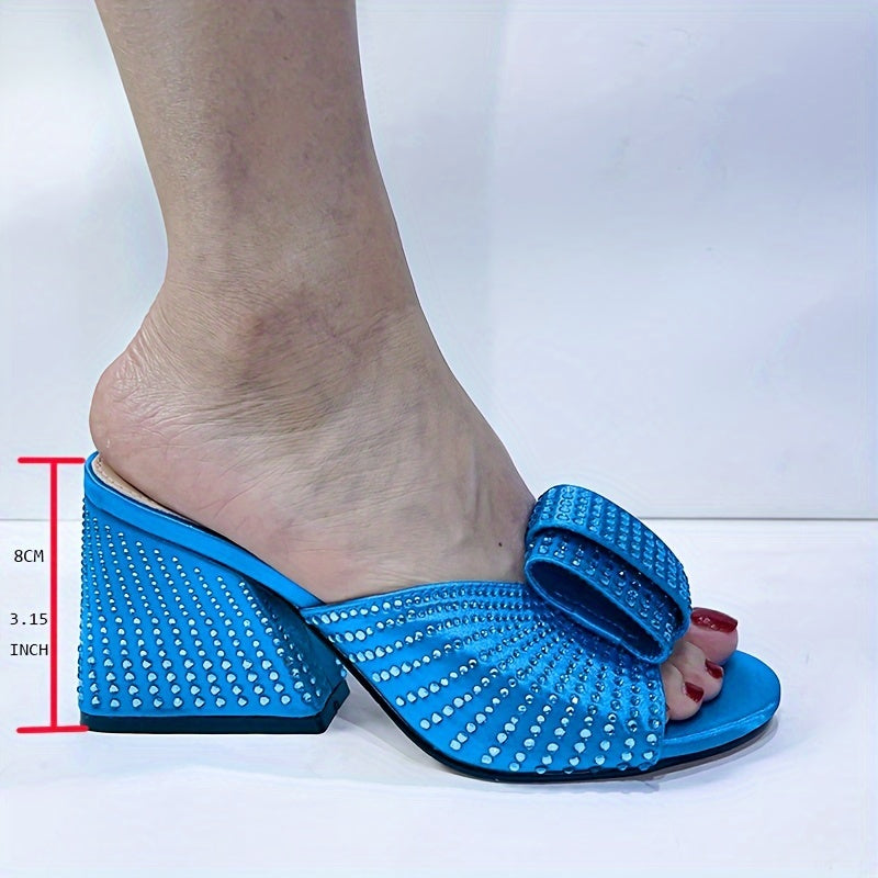Women's Rhinestone-Embellished Chunky Heel Sandals with Bowknot for Summer Parties