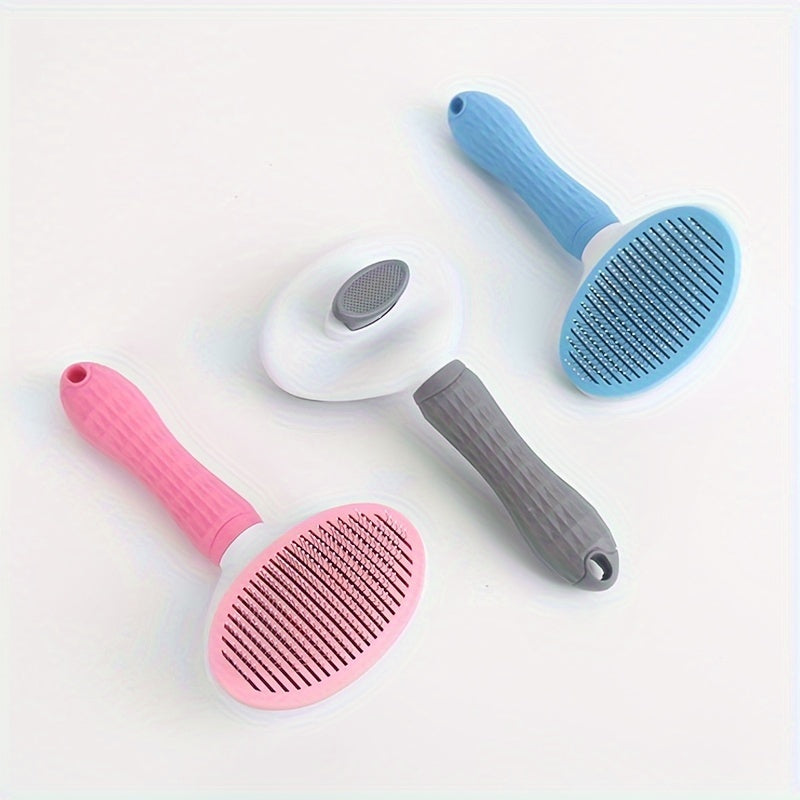 Pet Grooming Brush for Dogs and Cats with One-Click Hair Removal Blue and White