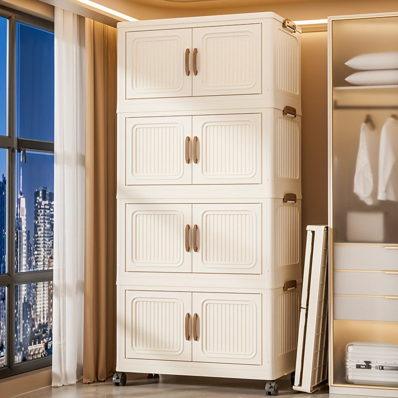 Foldable Plastic Storage Cabinet with Doors and Wheels 3-5 Layers Waterproof Organizer for Bedroom Living Room Kitchen