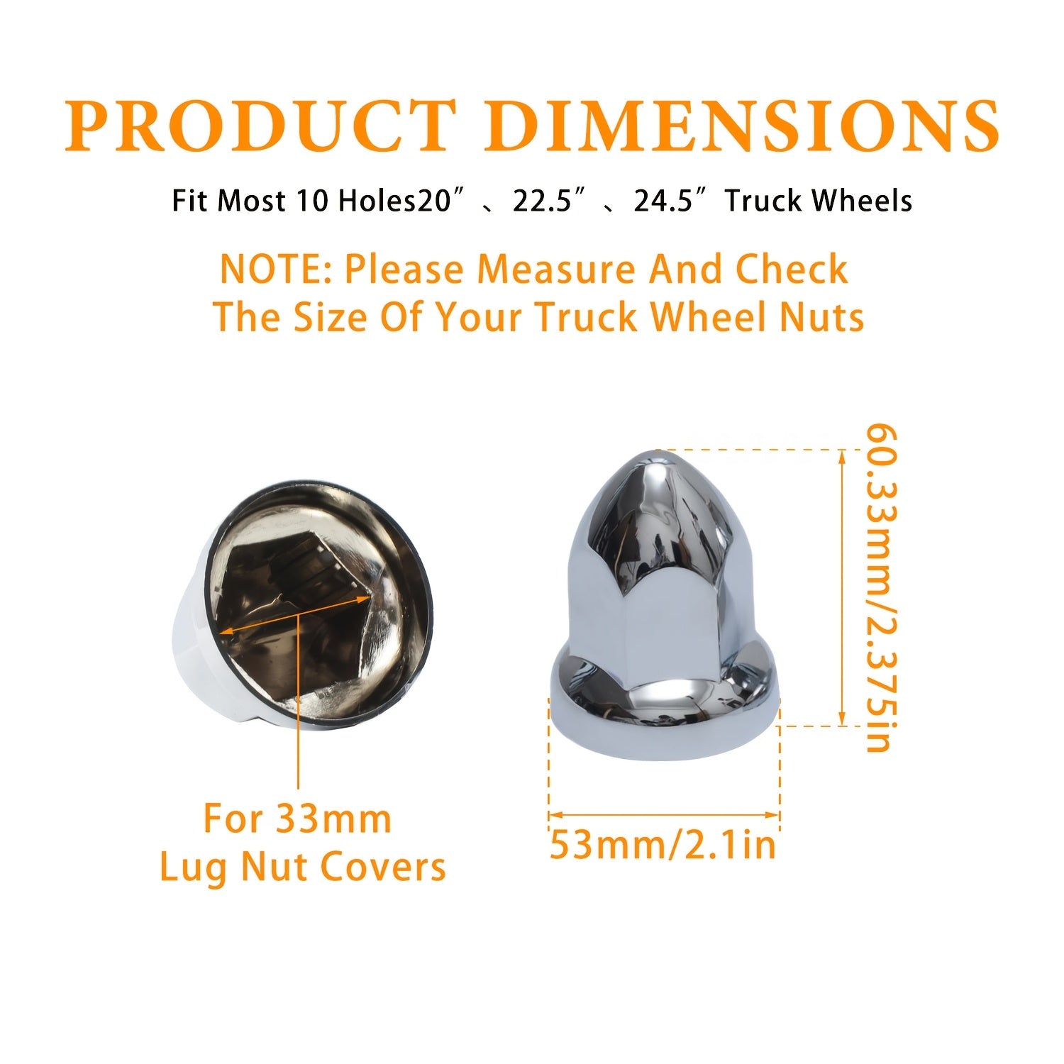 Chrome 33mm Lug Nut Covers Bullet Style Pack of 20 for Semi Trucks