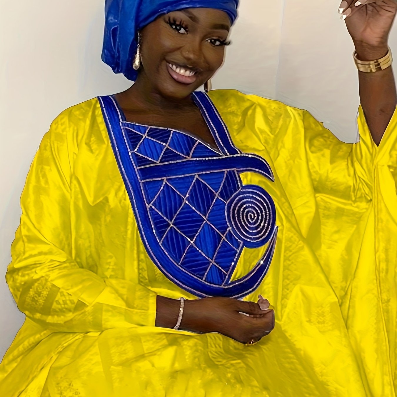 Women's Blue And White Long Bazin Riche Gown For Weddings