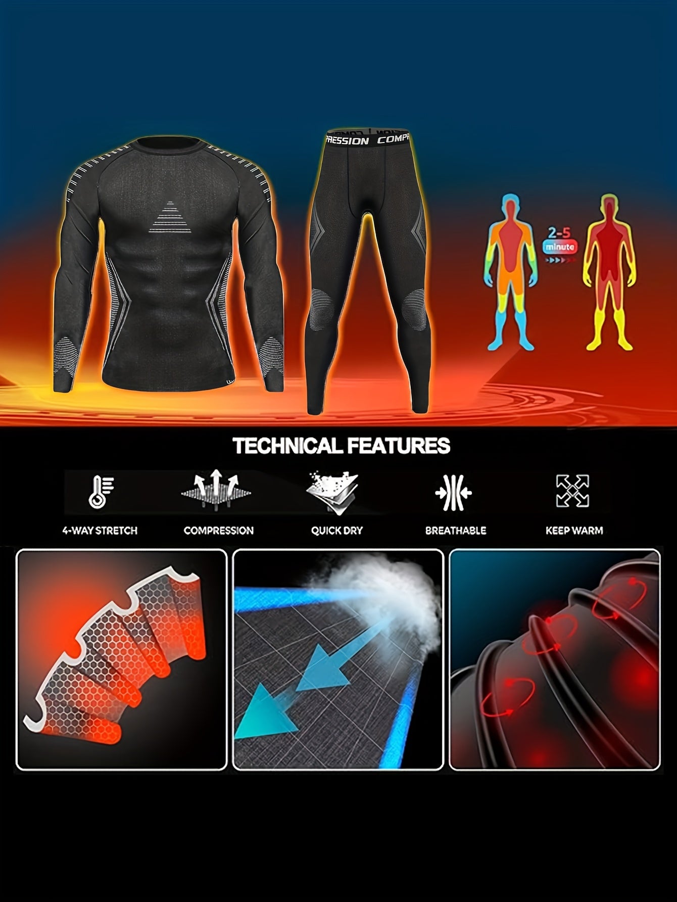 Men's Thermal Compression Set for Fall Winter Plush-Lined Top and Leggings High Stretch Polyester