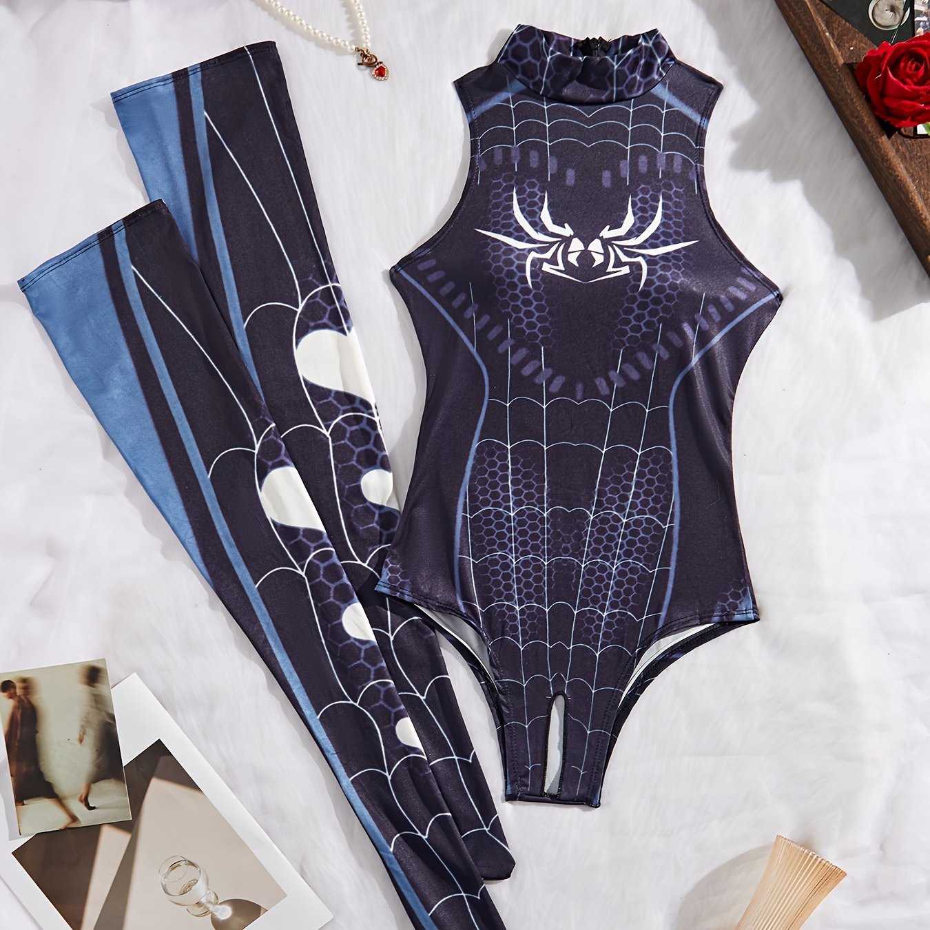 Sexy Spider Lingerie Set Includes Bodysuit Socks and Costume for Women