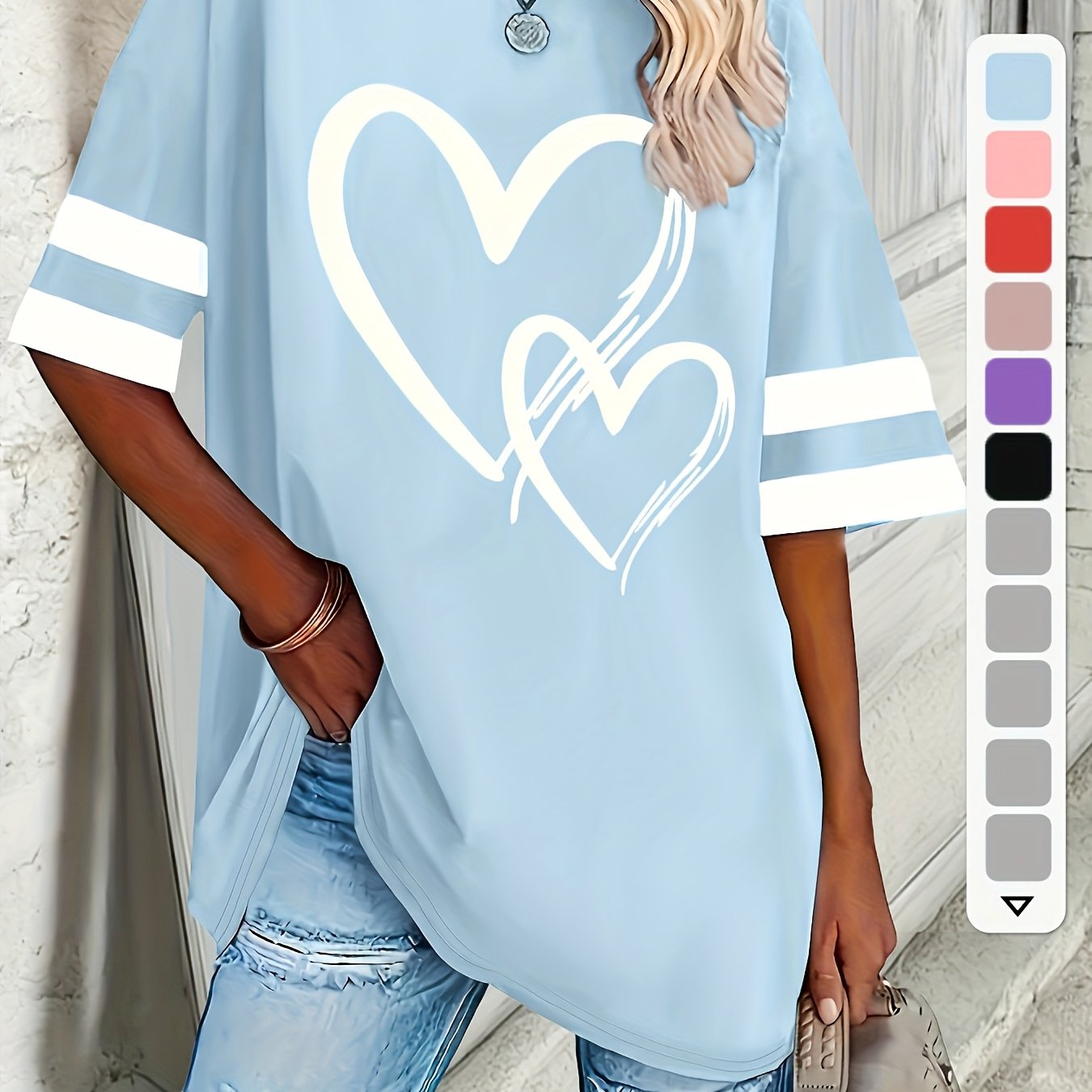 Plus Size Women's Short Sleeve T-Shirt with Heart Design Casual Pullover