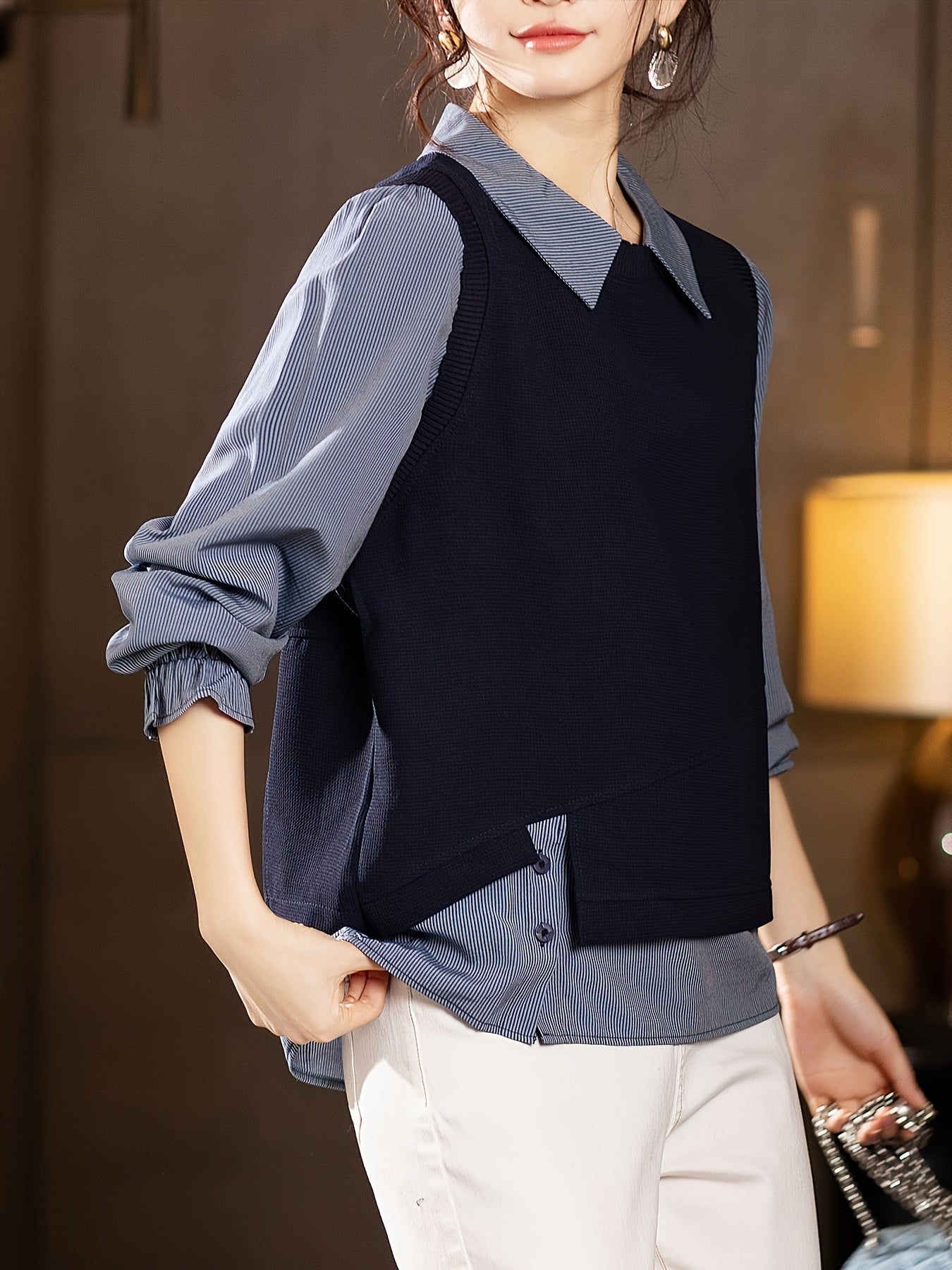 Women's Slim Faux Two-Piece Shirt Top Spring 2025 Loose Stitched