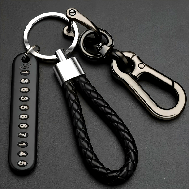 Car Keychain Aluminum Alloy Anti-Lost Phone Number Tag Braided Rope Detachable Clip