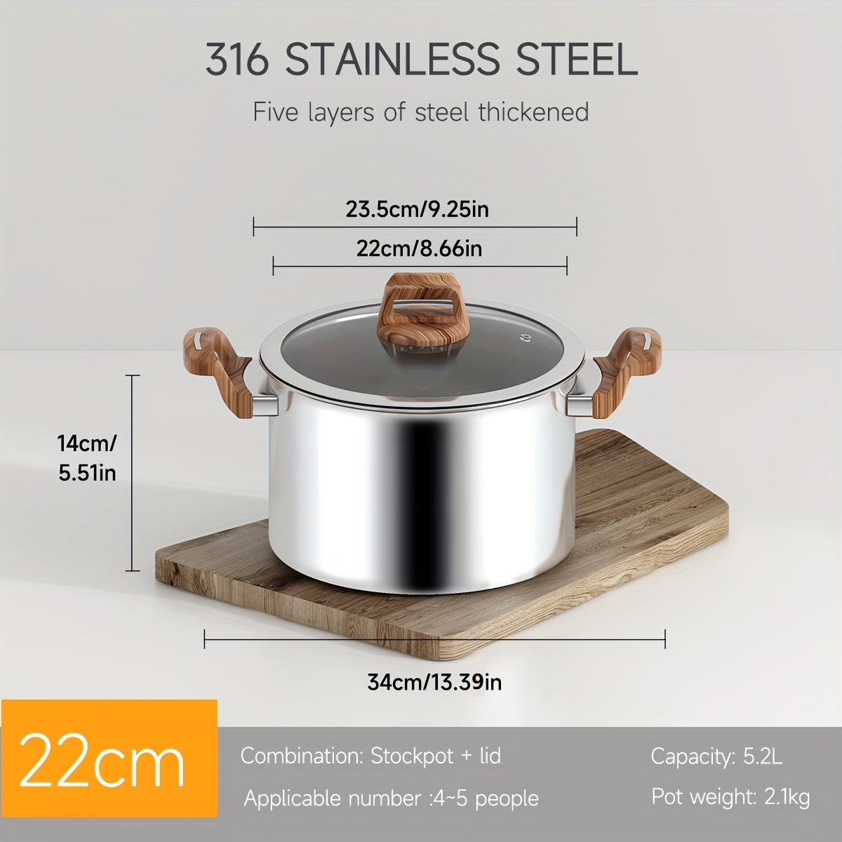 Five-Layer Steel Soup Pot with Steamer Non-Stick Induction Compatible 316 Stainless Steel