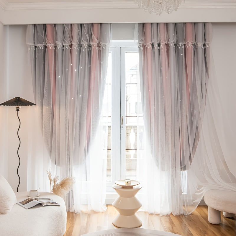 Blackout Curtains with Lace Sheer Tieback for Living Room and Bedroom Double-Layer Light Blocking