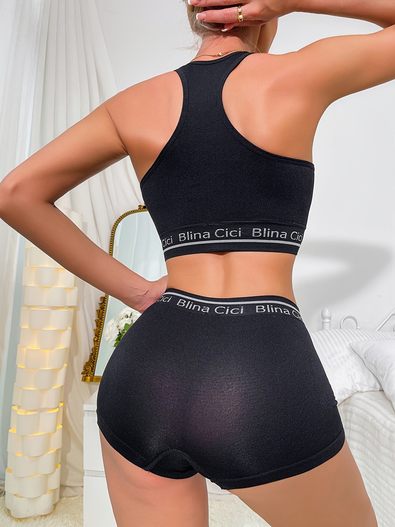 Women's Lingerie Set Letter Print Bra and Panties Racerback Sports Bra Elastic Panties
