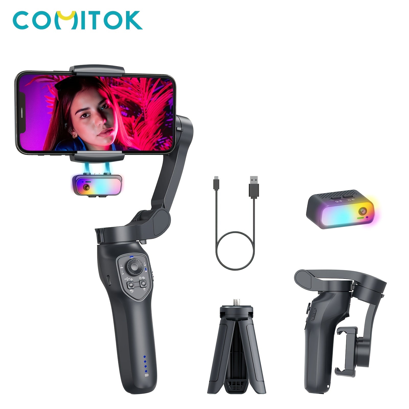3-Axis Smartphone Stabilizer with RGB Lighting Face Tracking Wireless Rechargeable Video Gimbal