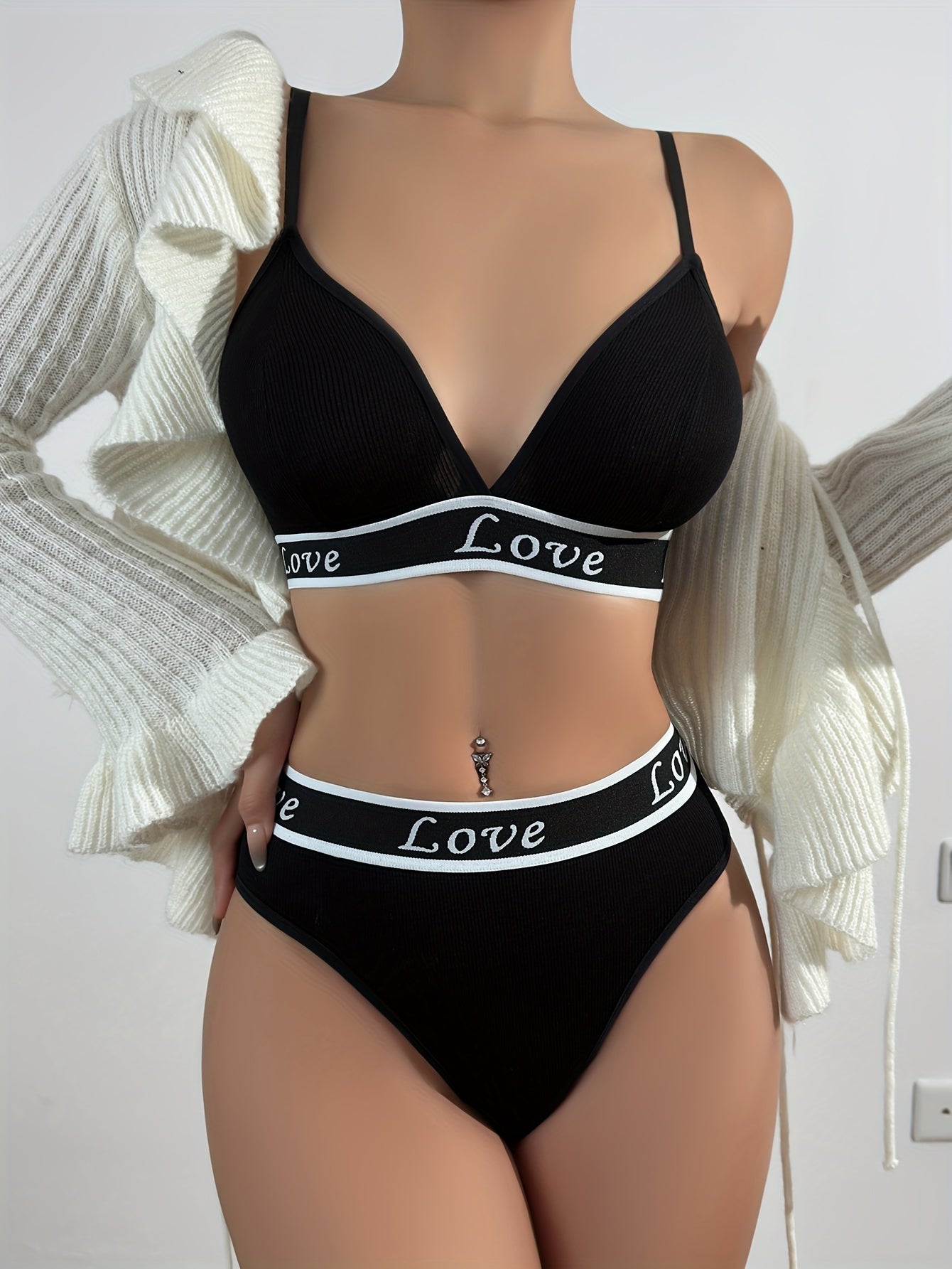 Women's Viscose Lingerie Set with Solid Color Knit Fabric and Letter Print