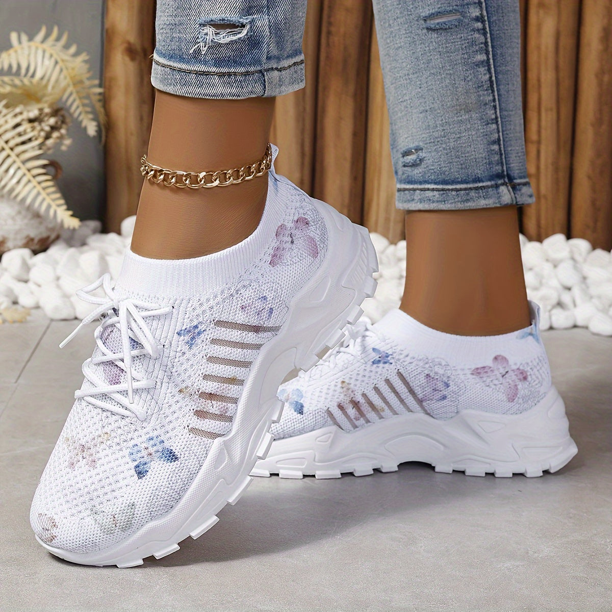 Women's White Breathable Running Sneakers with Pastel Purple Blue Accents