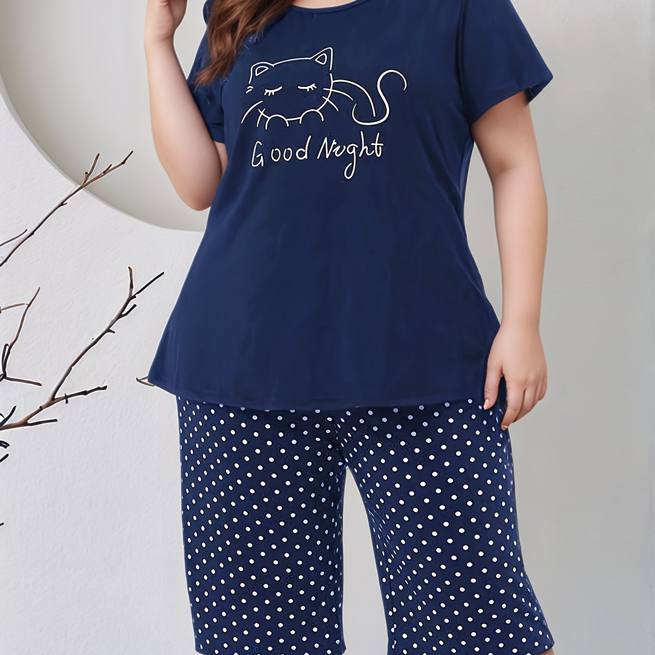 Женский летний пижамный комплект больших размеров с котами, топ с коротким рукавом и шорты, синий и белый, полиэстер