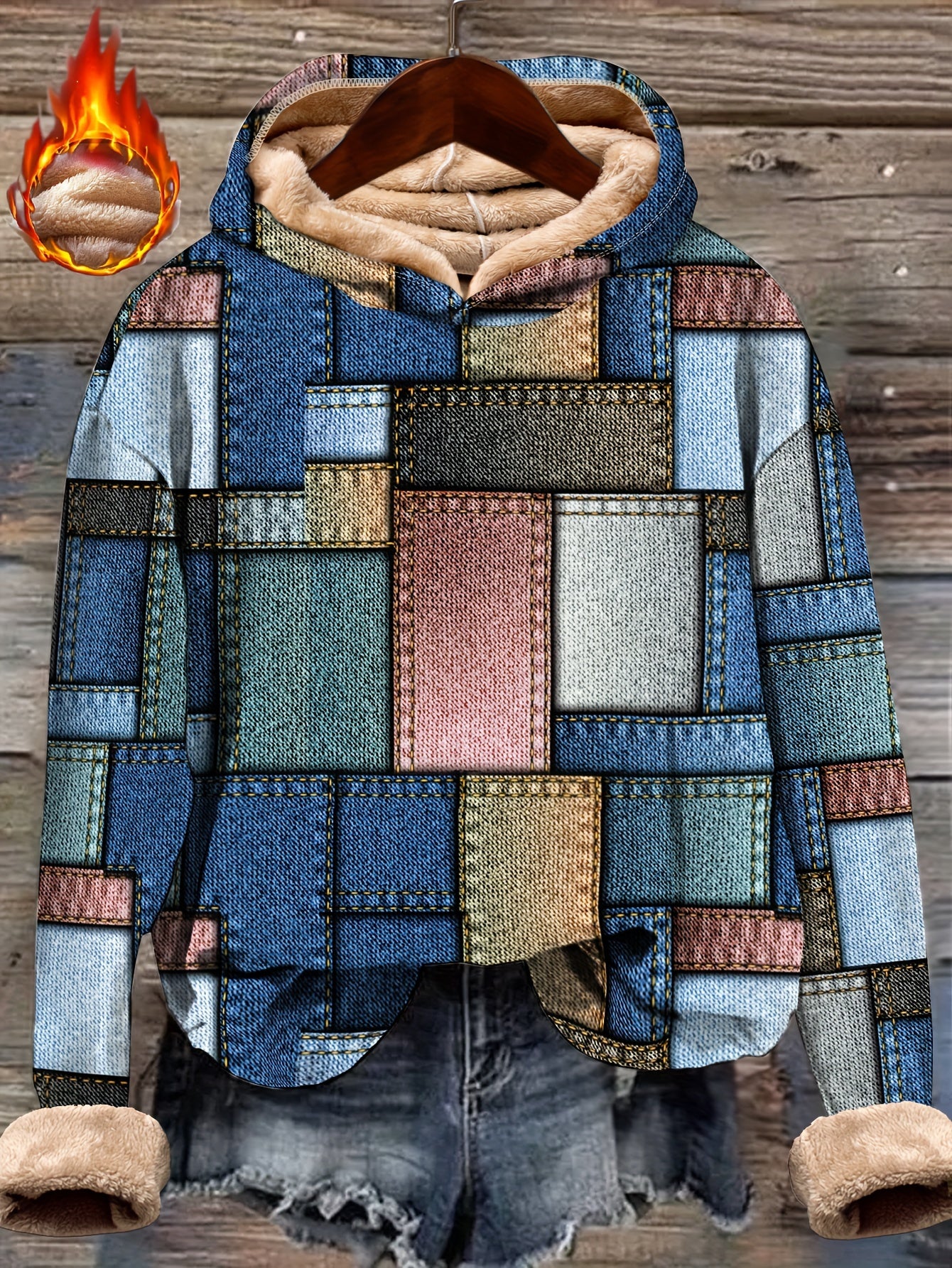 Plus Size Women's Denim-Style Hoodie with Faux Denim Pattern Autumn Winter Long Sleeve