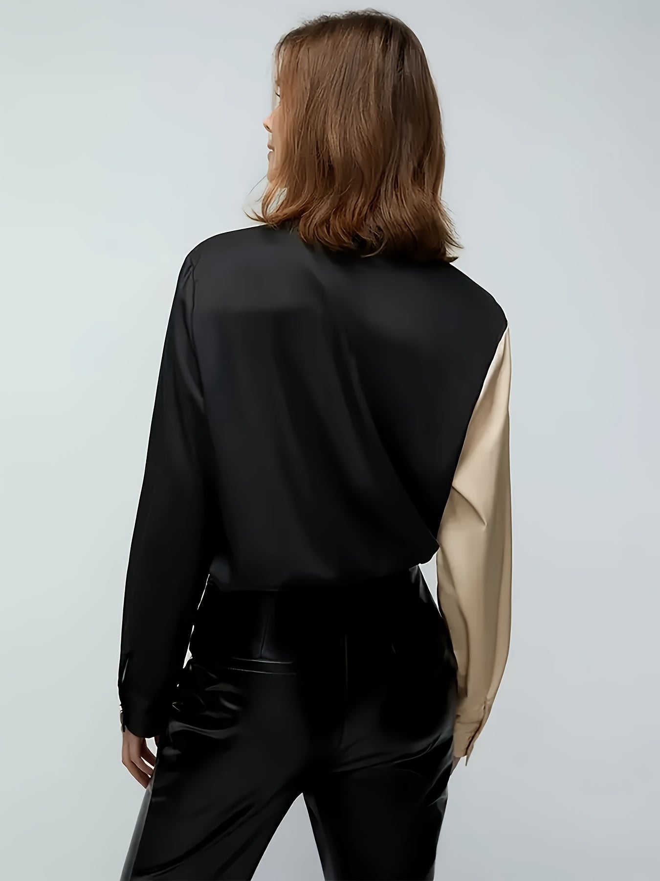 Women's Long Sleeve Color Block Shirt with Button Front and Lapel Collar for Spring and Fall