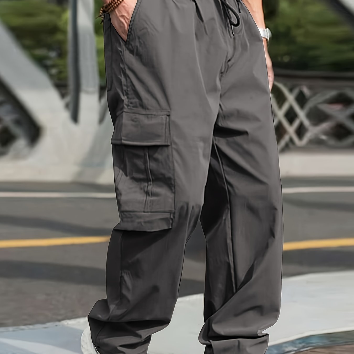 Men's Olive Green Cargo Pants Lightweight Twill with Side Pockets Adjustable Waist All-Season