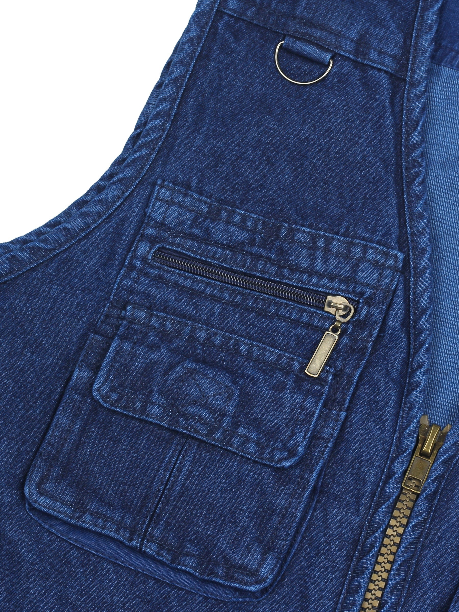 Plus Size Men's Denim Blue Zipper Vest with Multiple Pockets for Outdoor Activities