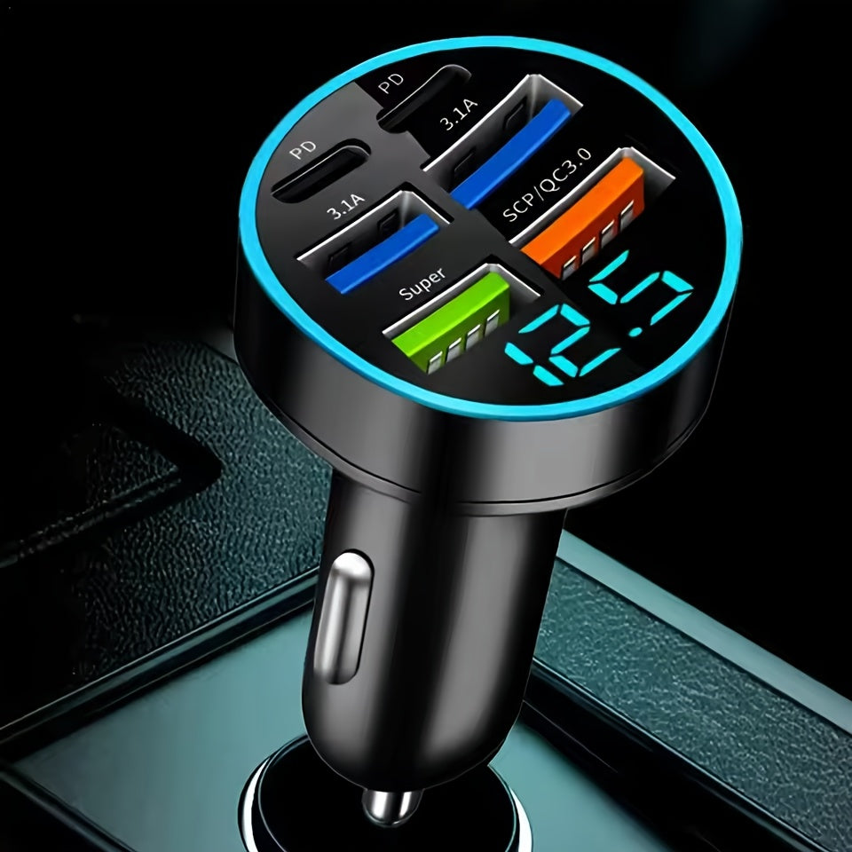 Car USB C Charger 250W, 6 Ports, Fast Charging, Digital Display