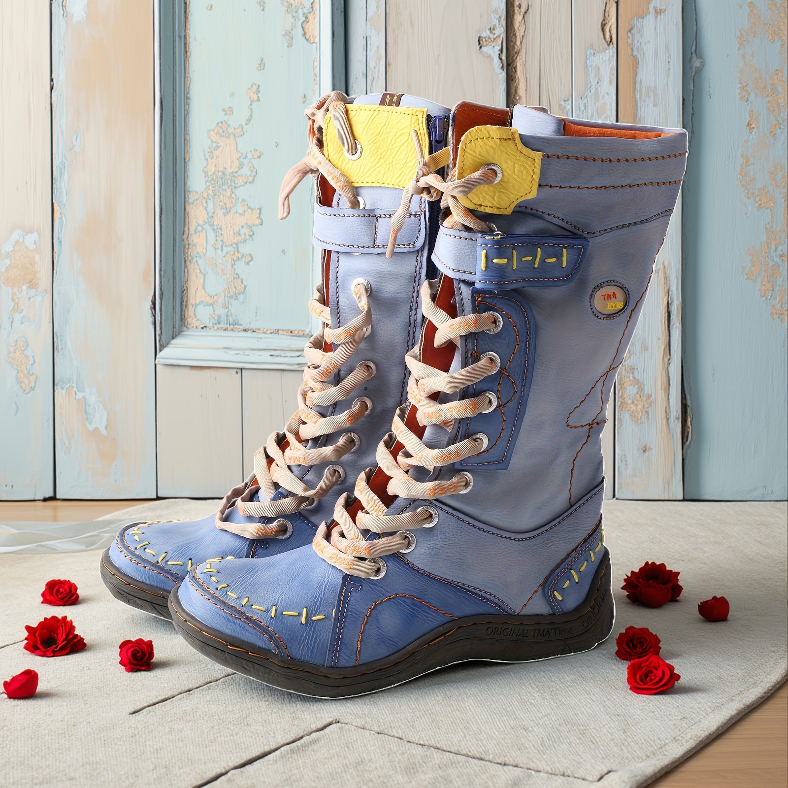 Women's High-Top Leather Lace-Up Hiking Boots with Colorful Accents