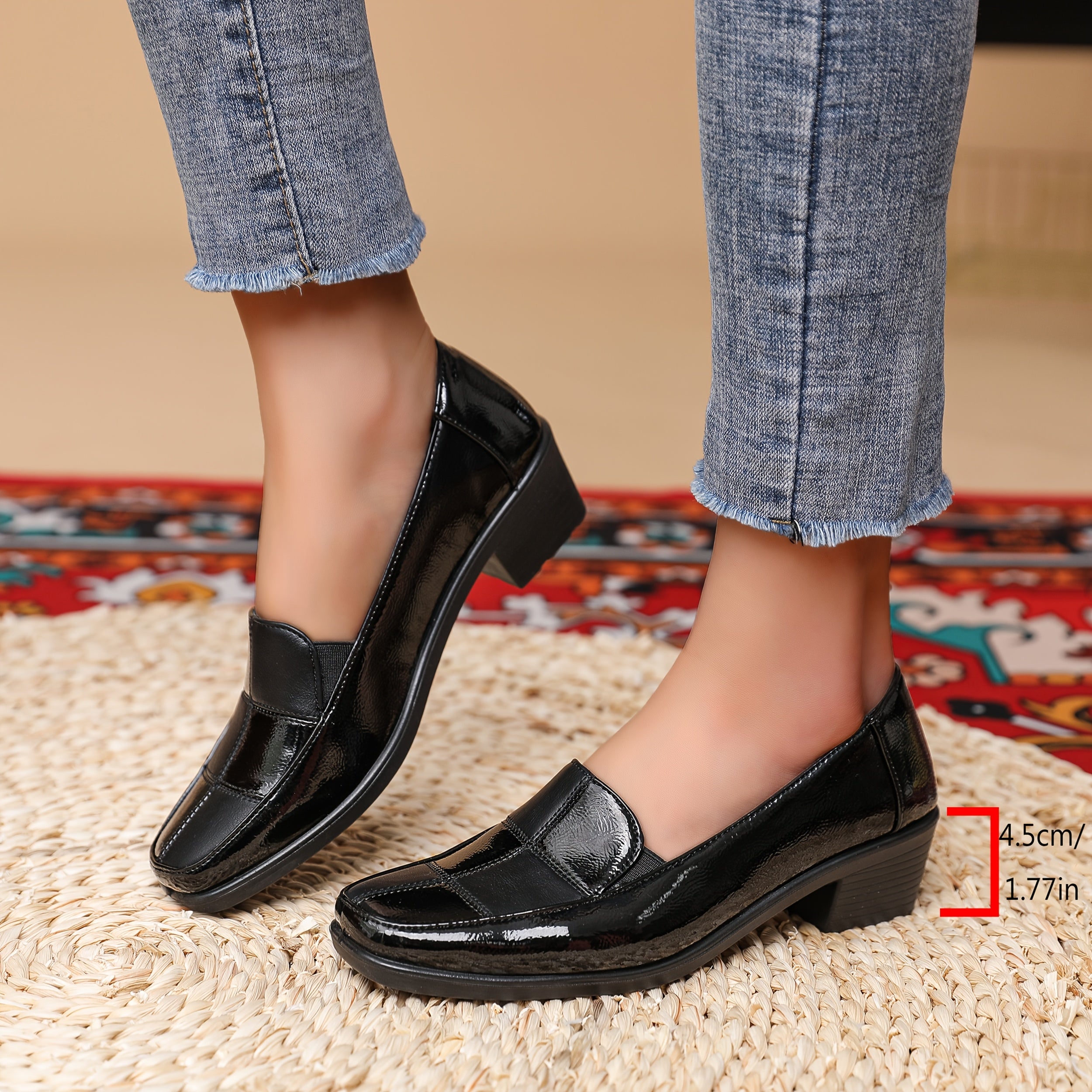 Women's Black Chunky Heel Square Toe Slip-On Shoes