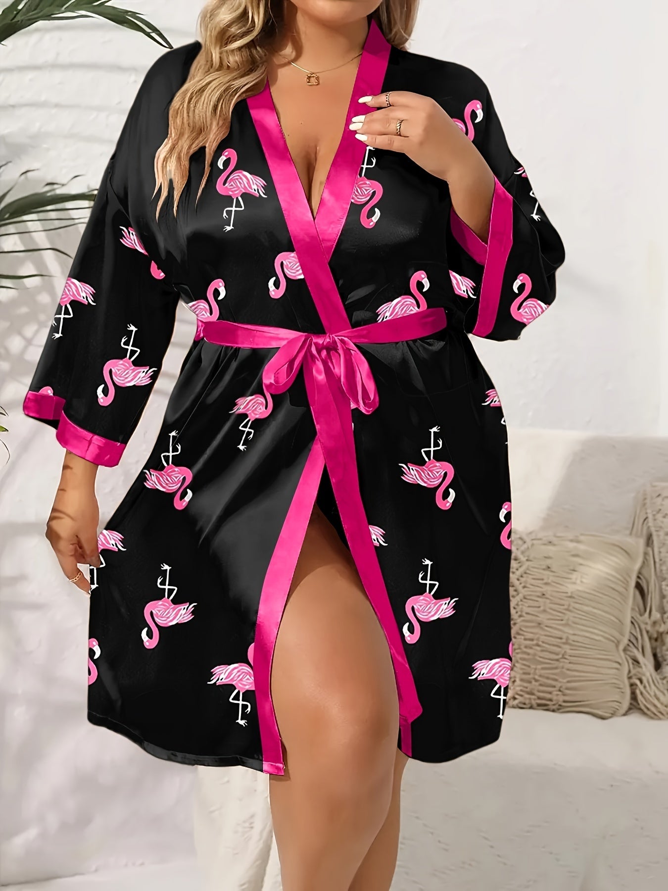 Plus Size Satin Robe Flamingo Print V-Neck Belted Dressing Gown 3/4 Sleeves