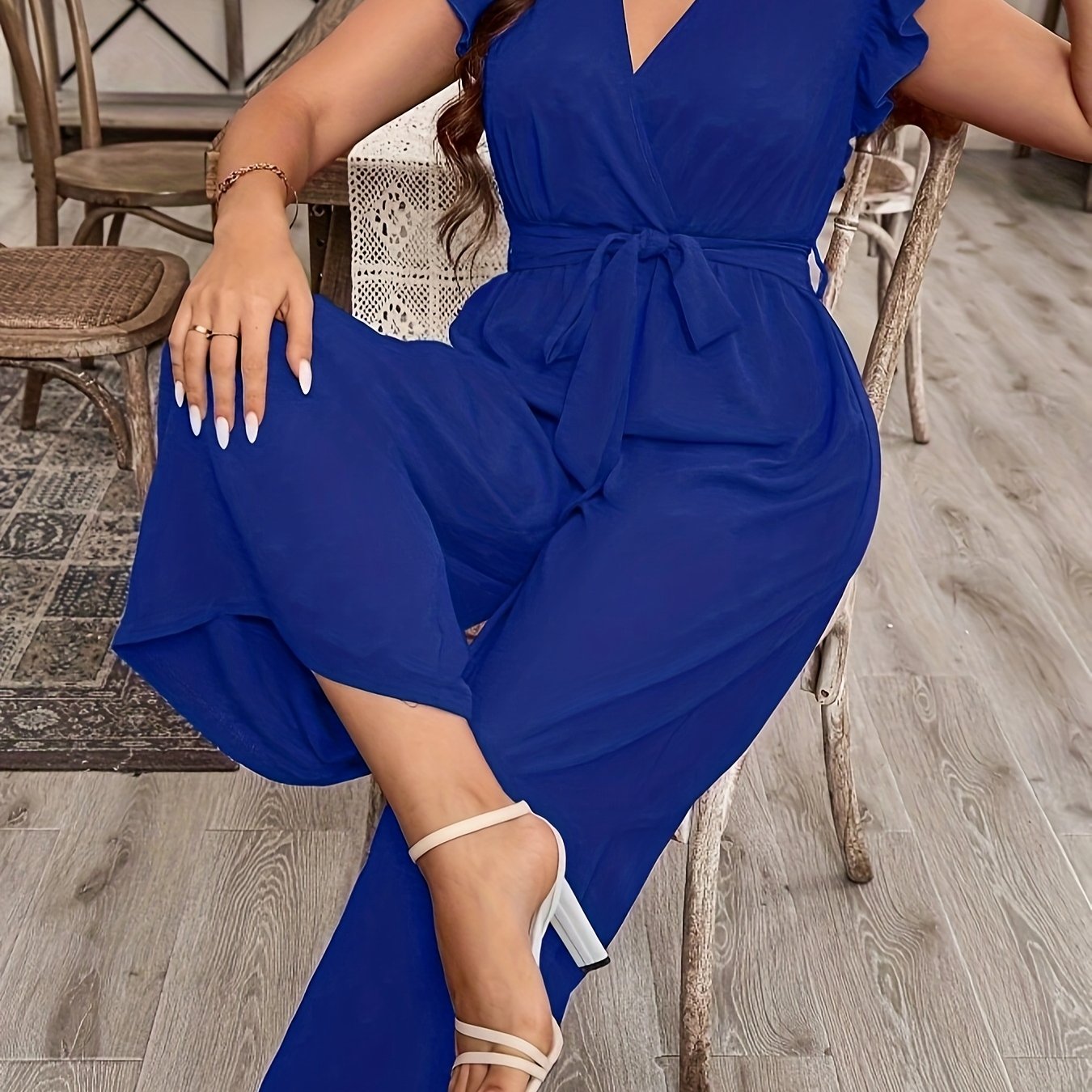 Women's Ruffled Sleeve V-Neck Belted Jumpsuit Solid Color Non-Stretch Fabric