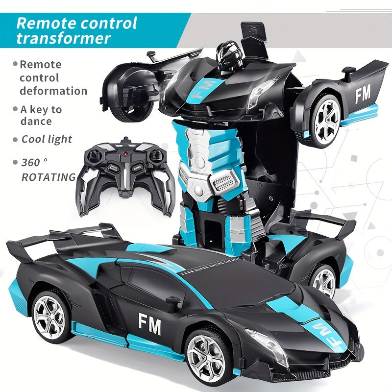 Remote Control Car Transforms into Robot 360 Drift Lights USB Rechargeable Battery Black and Blue Sports Car