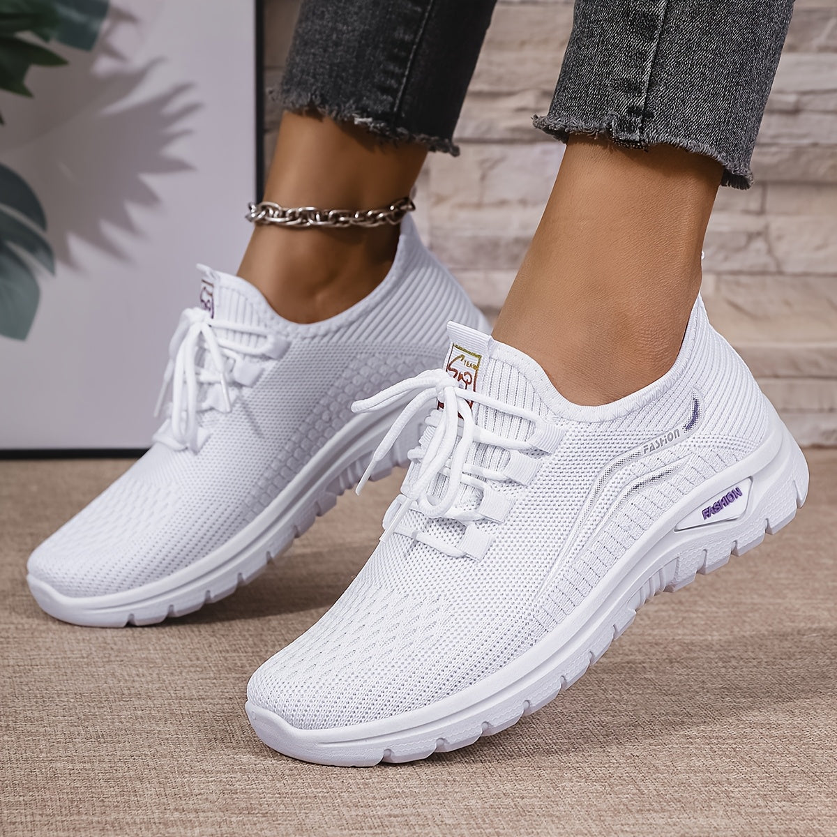 Women's Knitted Running Shoes with Lace-Up, Double-Layer Sole for Walking