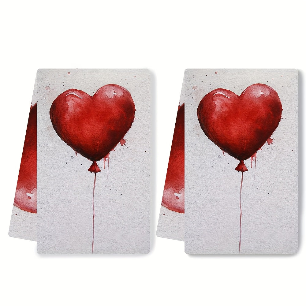 Two Pieces Kitchen Towels Red Heart Balloon Design 16x24 Inches Absorbent