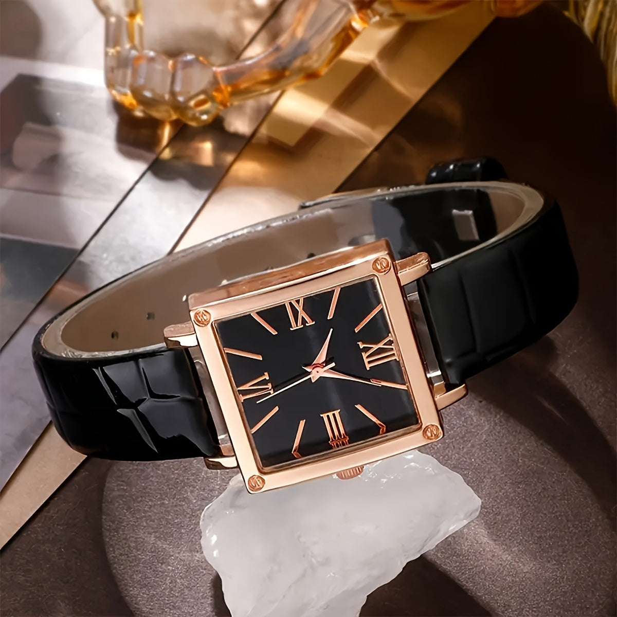 Set of 5 Women's Square Quartz Watches with Personalized Romantic Design and Matching Jewelry